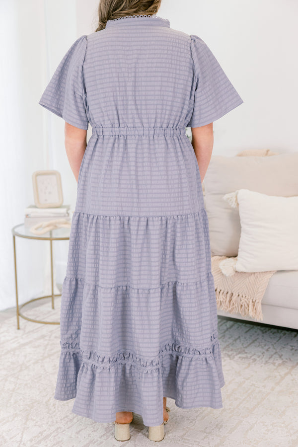 Chic Soul plus size clothing, light blue grid patterned short bell sleeve tiered maxi dress that cinches at the waist