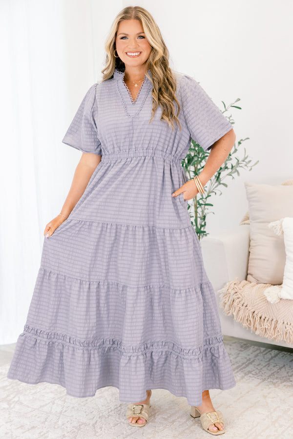 Chic Soul plus size clothing, light blue grid patterned short bell sleeve tiered maxi dress that cinches at the waist
