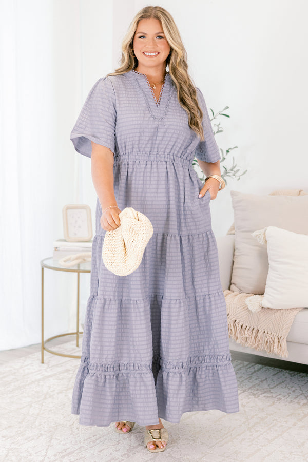 Chic Soul plus size clothing, light blue grid patterned short bell sleeve tiered maxi dress that cinches at the waist