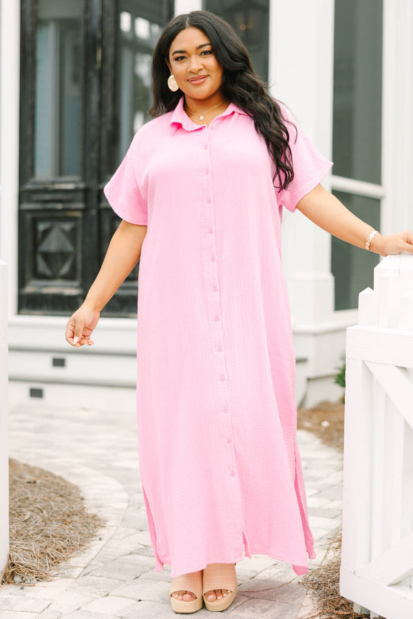 Chic Soul plus size clothing, bubble gum pink button-up maxi dress with short sleeves and a collar 