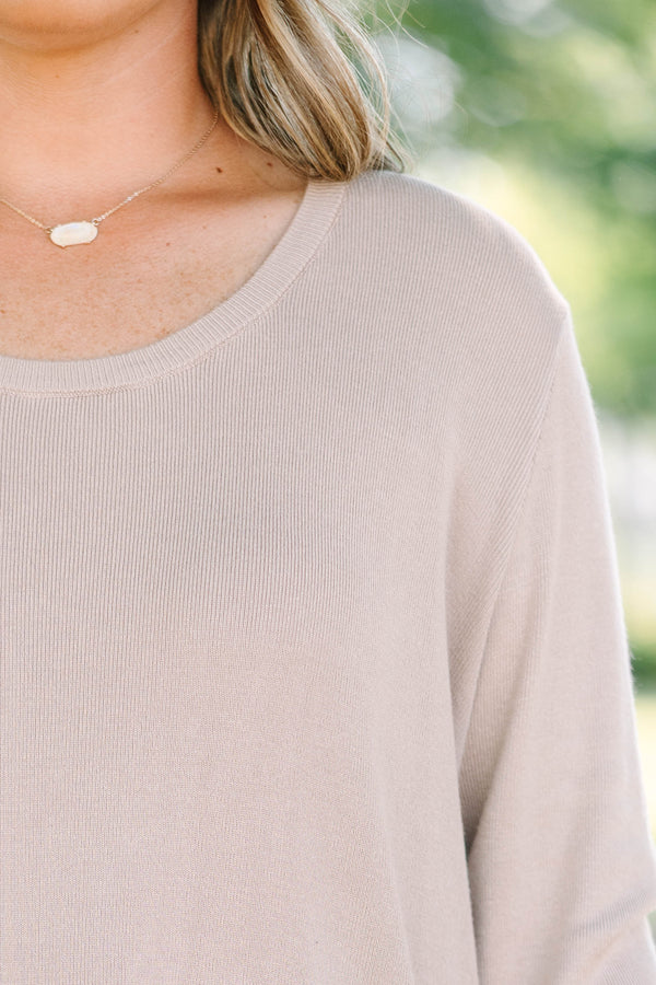 Plus size taupe Sweater, featuring a relaxed fit and soft viscose fabric.