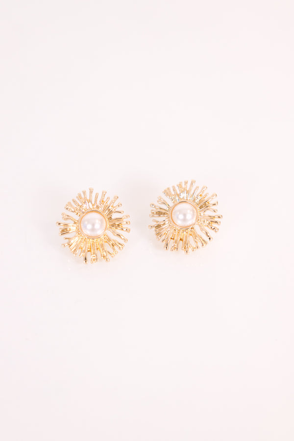 Chic Soul plus size clothing, gold stud earrings with sunburst design and pearls in the center