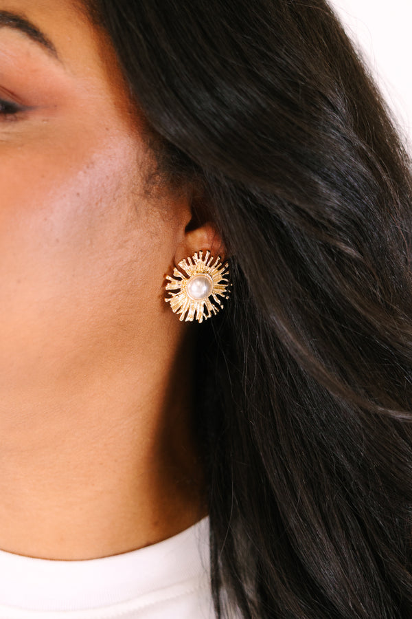 Chic Soul plus size clothing, gold stud earrings with sunburst design and pearls in the center