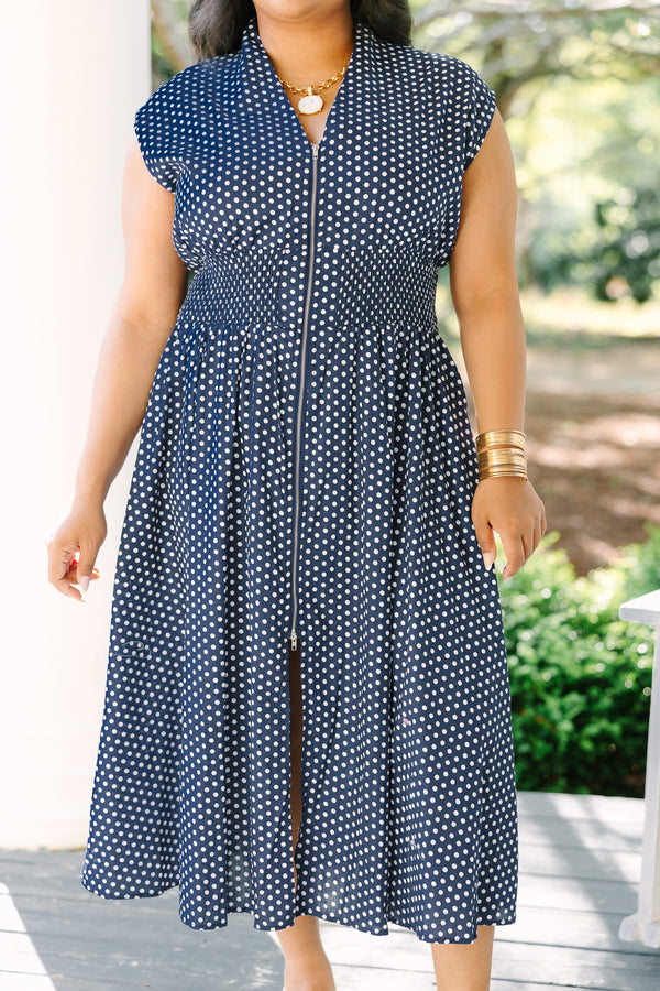Chic Soul plus size clothing, navy cap sleeve v neck maxi dress with a zipper down the front and cinched waist
