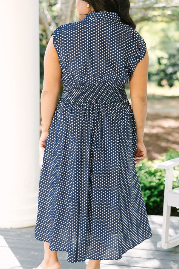 Chic Soul plus size clothing, navy cap sleeve v neck maxi dress with a zipper down the front and cinched waist
