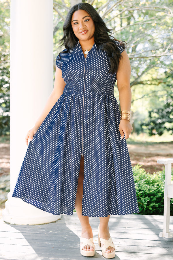 Chic Soul plus size clothing, navy cap sleeve v neck maxi dress with a zipper down the front and cinched waist