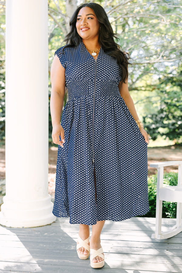 Chic Soul plus size clothing, navy cap sleeve v neck maxi dress with a zipper down the front and cinched waist