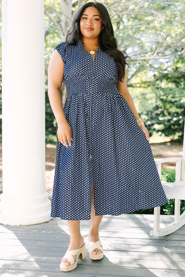 Chic Soul plus size clothing, navy cap sleeve v neck maxi dress with a zipper down the front and cinched waist