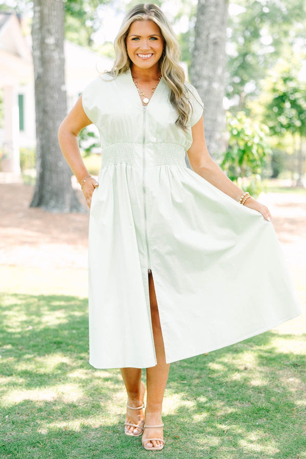 Chic Soul plus size clothing, sage midi dress with zipper closure down the front