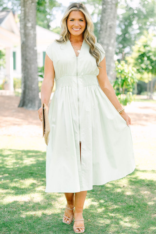 Chic Soul plus size clothing, sage midi dress with zipper closure down the front