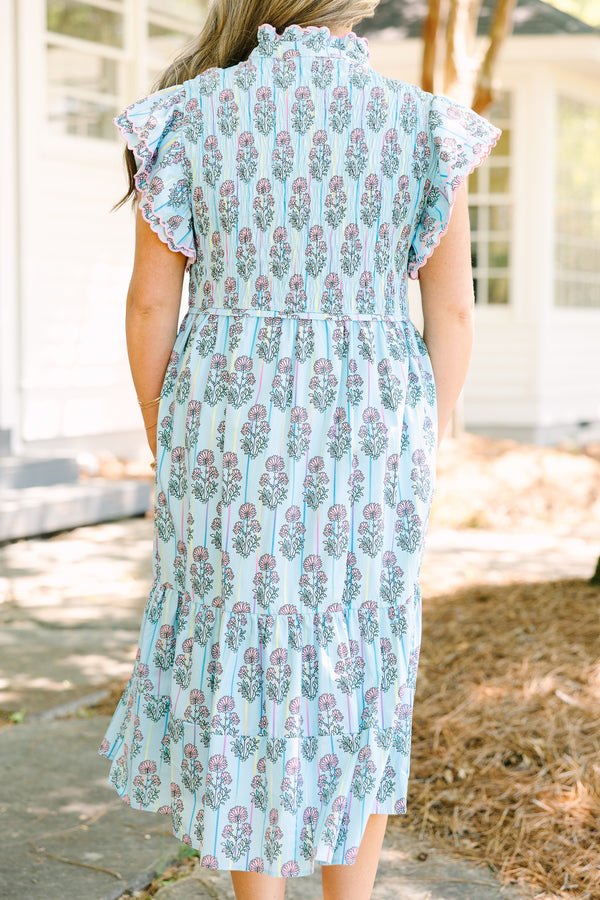 Chic Soul plus size clothing, blue midi dress with futter sleeves and a deep v-neckline as well as a pink floral block pattern throughout 
