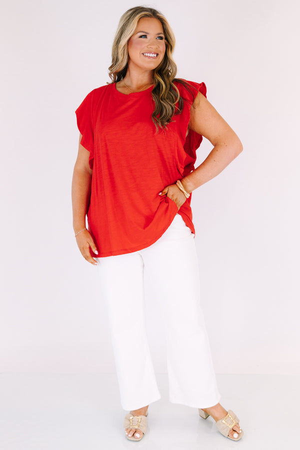 Chic Soul plus size clothing, high neck red tank with flutter sleeves