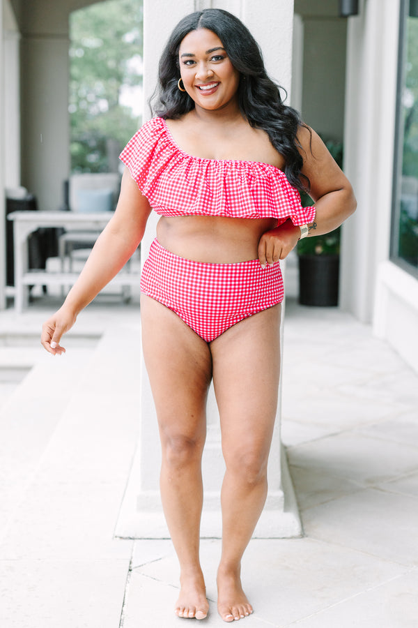 Let's Go Watch The Sunset Swim Bottom, Red Gingham