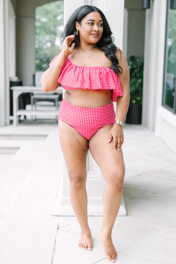 Plus Size high-waisted swim bottoms featuring a classic red and white gingham pattern.