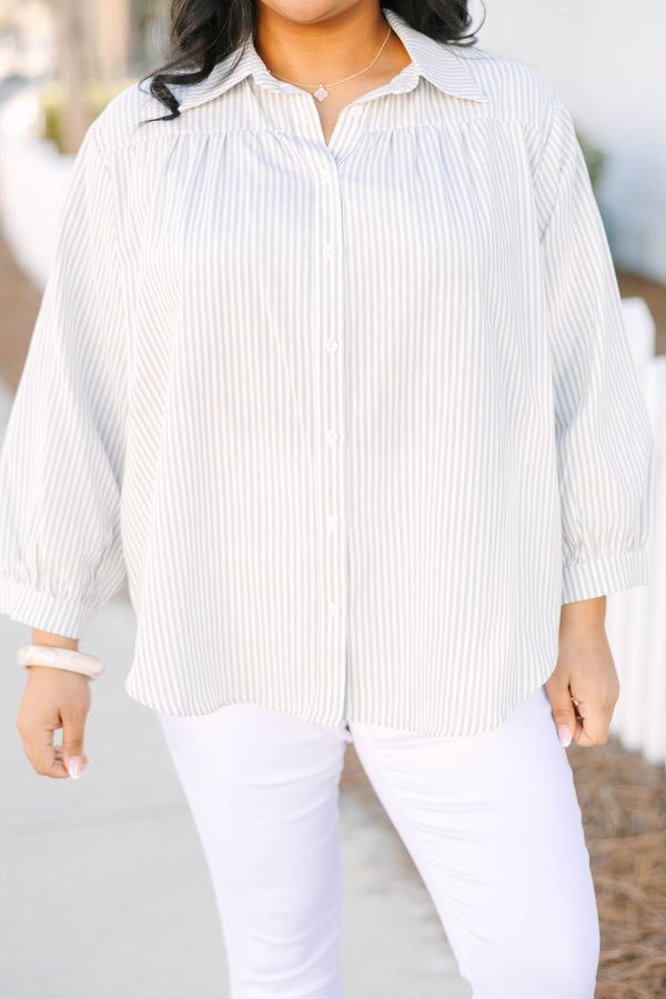 Chic Soul plus size clothing, light sage green and white pin stripe long sleeve button down collared top