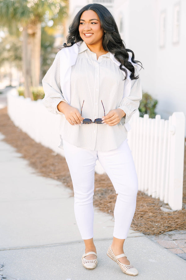 Chic Soul plus size clothing, light sage green and white pin stripe long sleeve button down collared top