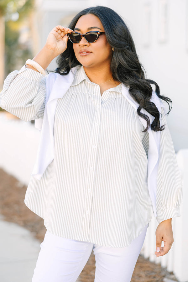 Chic Soul plus size clothing, light sage green and white pin stripe long sleeve button down collared top