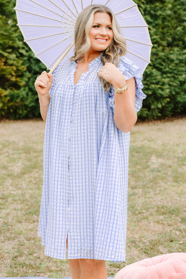 Chic Soul plus size clothing, light blue gingham baby doll dress with shirt flutter sleeves and a v neck cutout