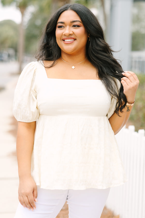 Chic Soul plus size clothing, cream babydoll top with puff sleeves and smocked back panel for stretch