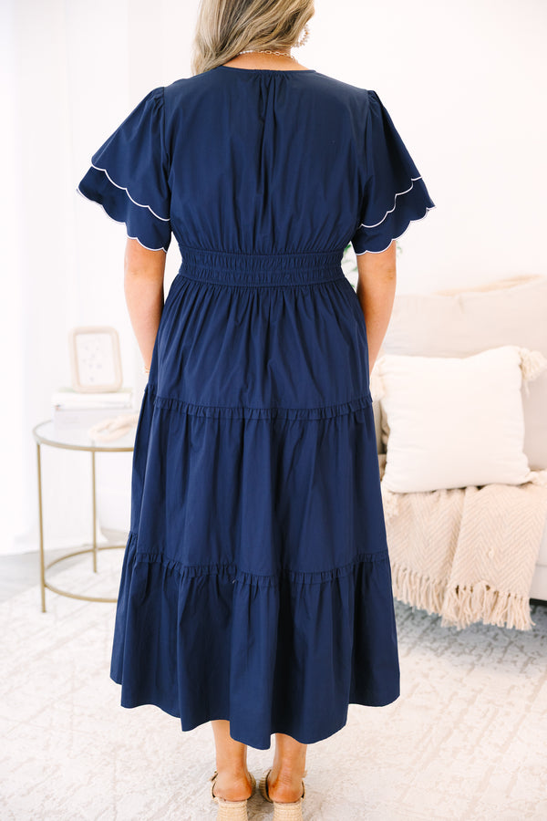 Plus Size navy tiered midi dress with scalloped flutter sleeves and a split neckline.