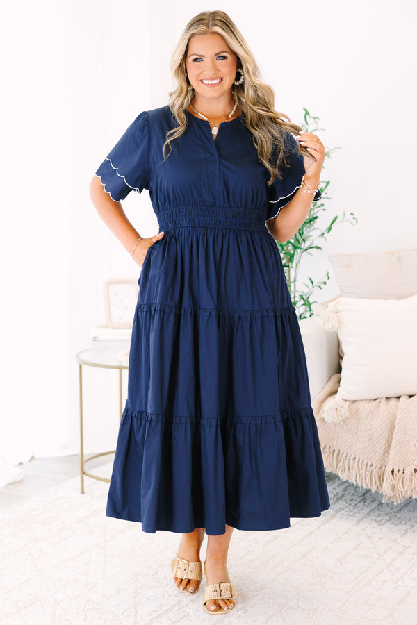 Plus Size navy tiered midi dress with scalloped flutter sleeves and a split neckline.