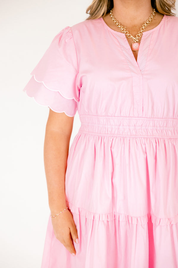 Chic Soul plus size clothing, pink tiered maxi dress with a slight v-neckline a sinched waistband and flutter sleeves that have a scalloped layered detail 
