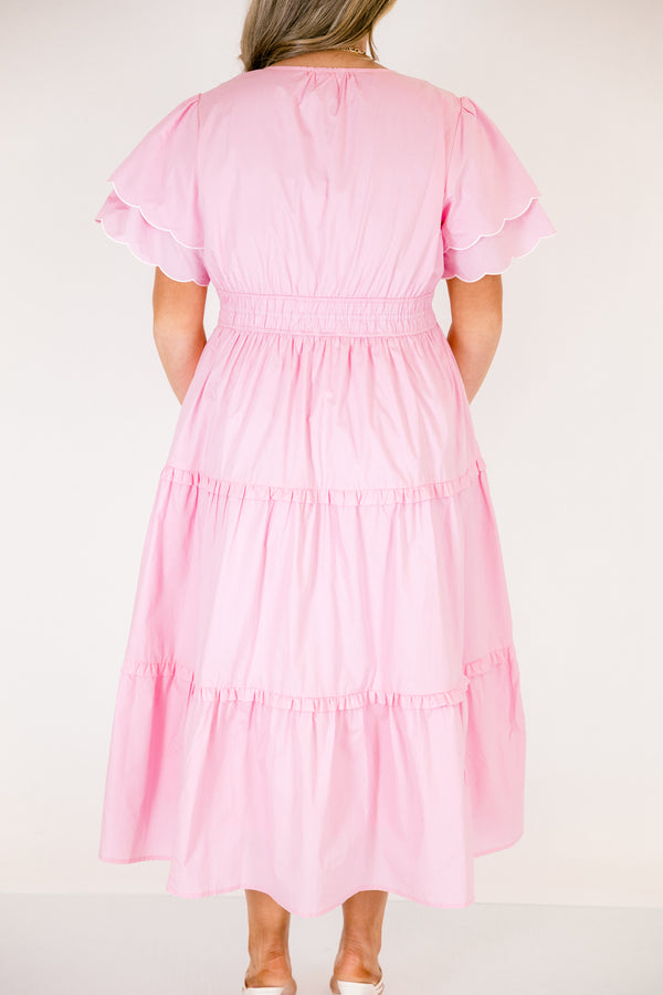 Chic Soul plus size clothing, pink tiered maxi dress with a slight v-neckline a sinched waistband and flutter sleeves that have a scalloped layered detail 
