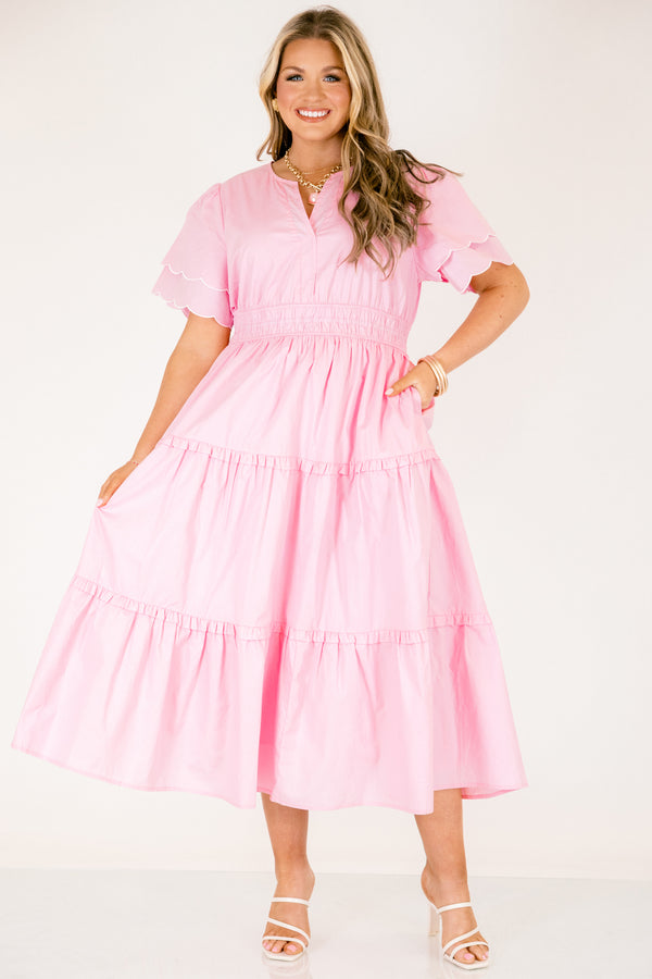 Chic Soul plus size clothing, pink tiered maxi dress with a slight v-neckline a sinched waistband and flutter sleeves that have a scalloped layered detail 
