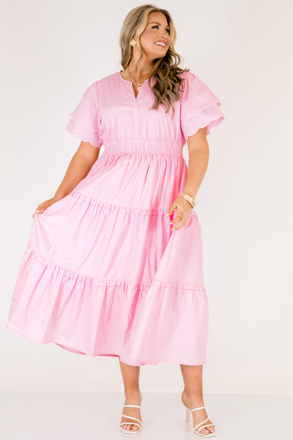 Chic Soul plus size clothing, pink tiered maxi dress with a slight v-neckline a sinched waistband and flutter sleeves that have a scalloped layered detail 

