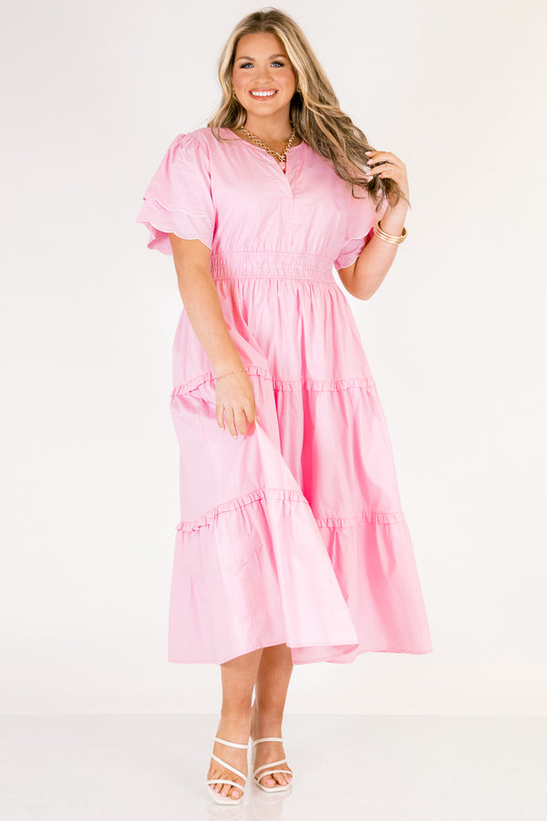 Chic Soul plus size clothing, pink tiered maxi dress with a slight v-neckline a sinched waistband and flutter sleeves that have a scalloped layered detail 

