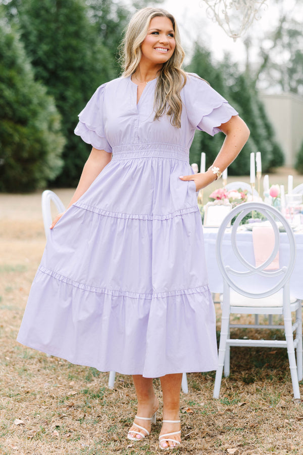 Chic Soul plus size clothing, light purple tiered maxi dress with a slight v-neckline a sinched waistband and flutter sleeves that have a scalloped layered detail 
