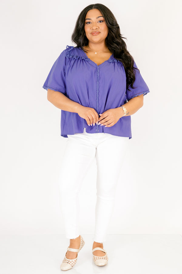 Chic Soul plus size clothing, blue short sleeve top featuring a ruffle bib on the shoulders lace details down the center and lace trim along the ends of each sleeve and the shoulder ruffle