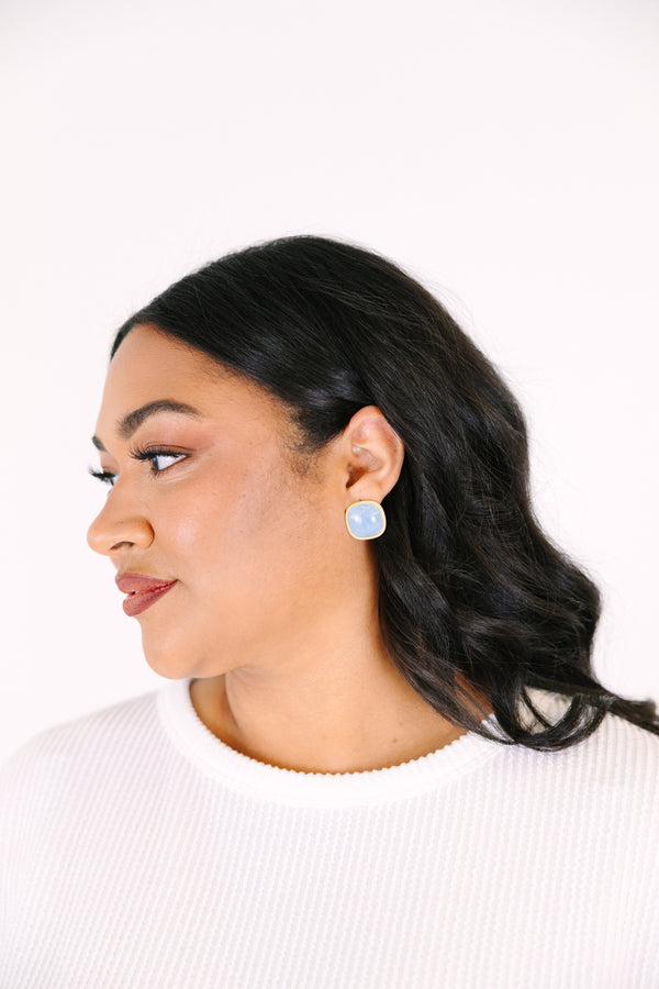 Chic Soul plus size clothing, blue square stone stud earrings with a gold outline 
