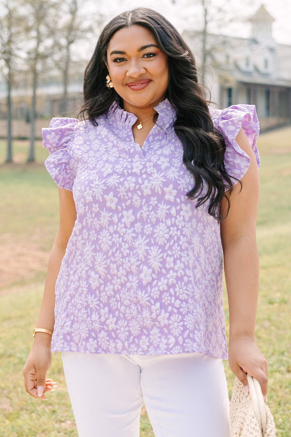 Chic Soul plus size clothing, light purple short sleeve top with raised white floral print with flare sleeve detail with v-neckline