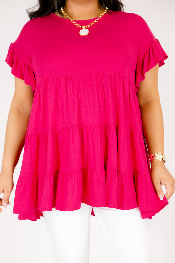Chic Soul plus size clothing, berry pink short flutter sleeve babydoll tunic