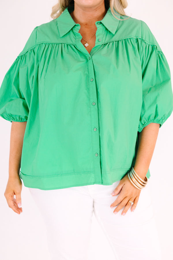 Chic Soul plus size clothing, green puff sleeve button up top with collar