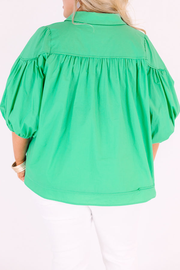 Chic Soul plus size clothing, green puff sleeve button up top with collar