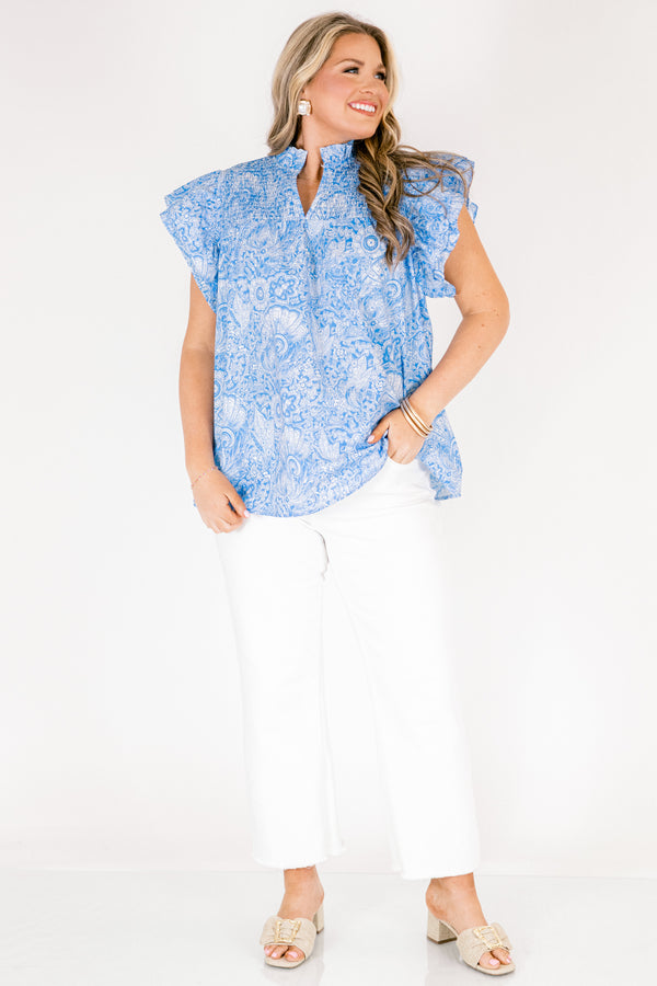 Chic Soul plus size clothing, blue and white floral print flutter sleeve high neck top with v neck cutout 