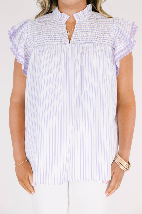 Plus Size lavender and white striped top with a ruffled collar, smocked yoke, and flutter sleeves.