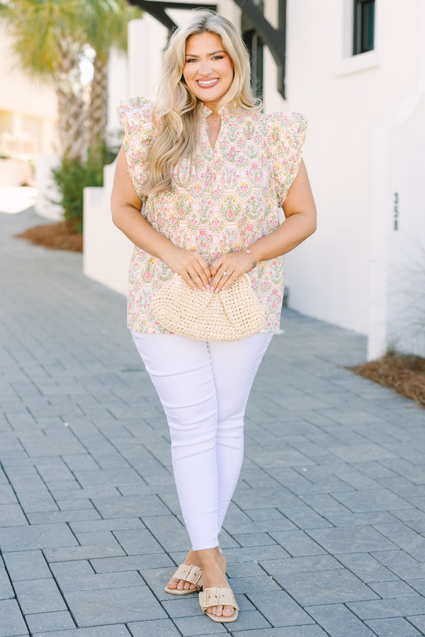 Chic Soul plus size clothing, pink floral short sleeve blouse with flutter sleeves