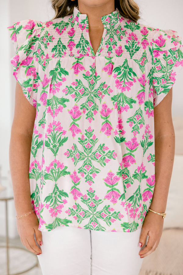 Chic Soul plus size clothing, light pink floral short sleeve blouse with flutter sleeves and smocking near the neckline