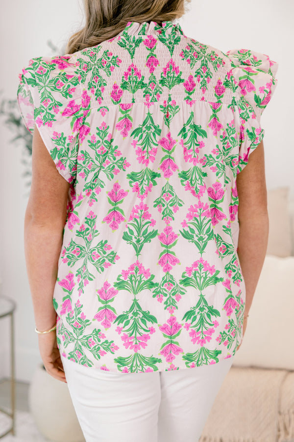 Chic Soul plus size clothing, light pink floral short sleeve blouse with flutter sleeves and smocking near the neckline
