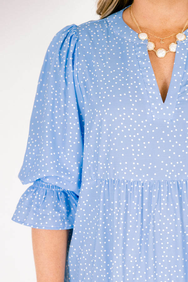 Chic Soul plus size clothing, blue midi sleeve midi dress with cinching at the end of the sleeves, a tiered skirt, and a v-neckline with small white polka dots throughout the dress