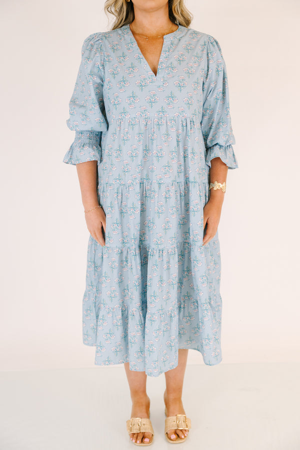 Chic Soul plus size clothing, light blue  short puff sleeve tiered maxi dress with blue floral print and v neck cutout
