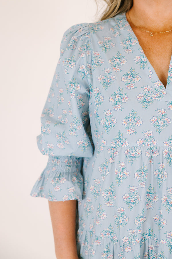 Chic Soul plus size clothing, light blue  short puff sleeve tiered maxi dress with blue floral print and v neck cutout