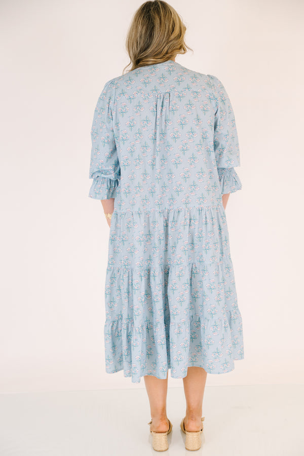 Chic Soul plus size clothing, light blue  short puff sleeve tiered maxi dress with blue floral print and v neck cutout