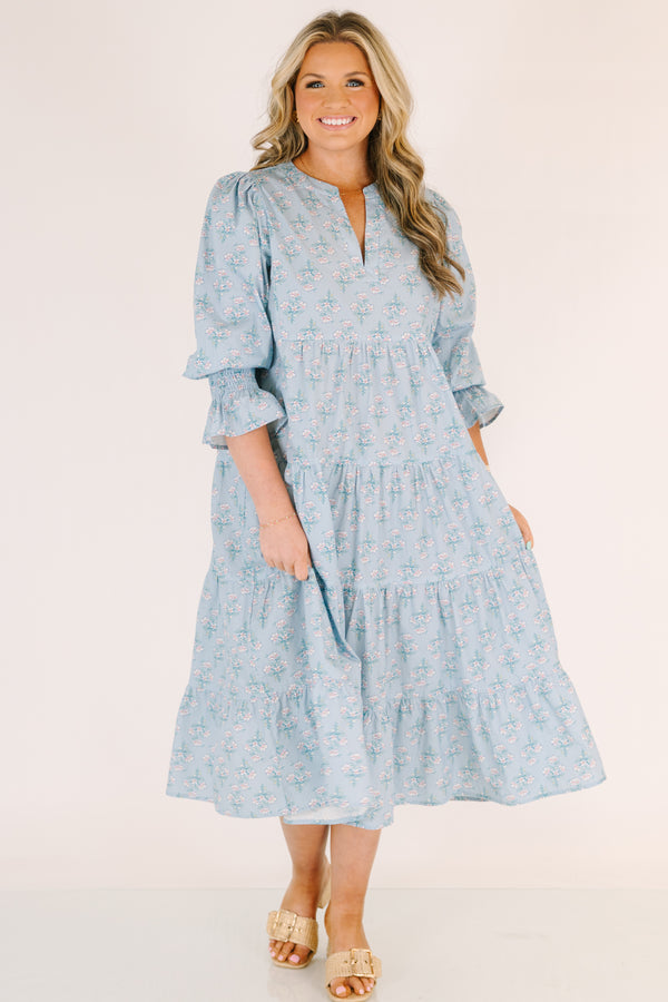 Chic Soul plus size clothing, light blue  short puff sleeve tiered maxi dress with blue floral print and v neck cutout