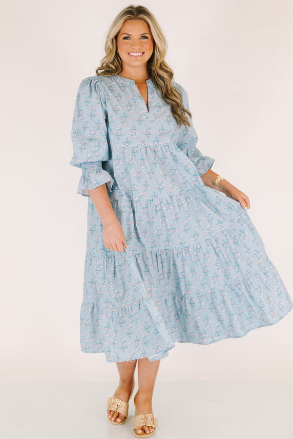 Chic Soul plus size clothing, light blue  short puff sleeve tiered maxi dress with blue floral print and v neck cutout