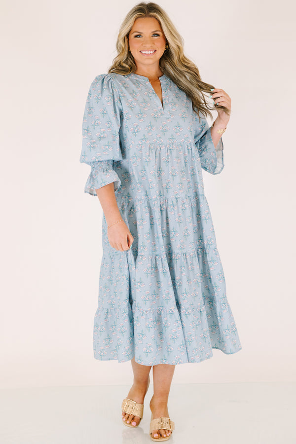 Chic Soul plus size clothing, light blue  short puff sleeve tiered maxi dress with blue floral print and v neck cutout