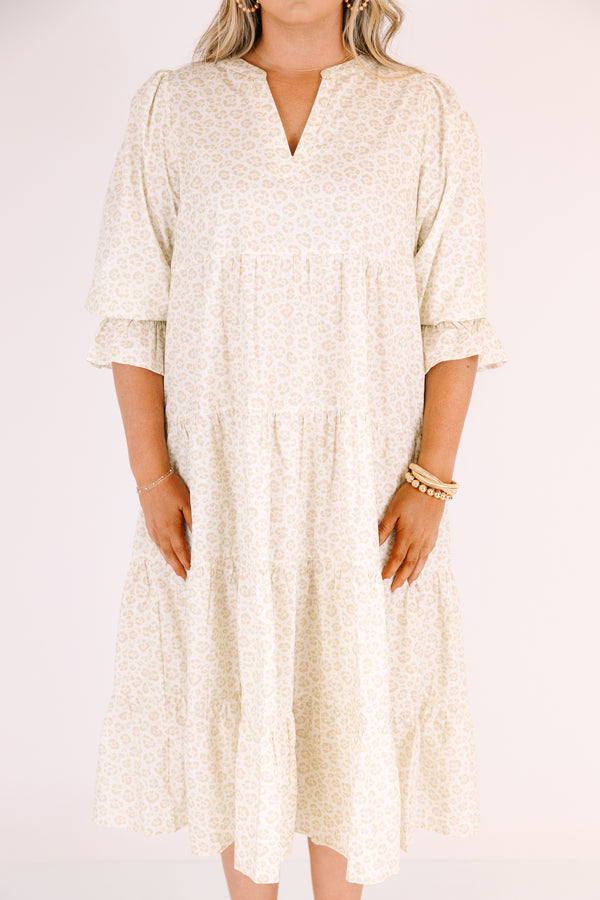 Chic Soul plus size clothing, light ivory and beige leopard print 3/4 puff sleeve tiered midi dress with cinched sleeves and v neck cut out 